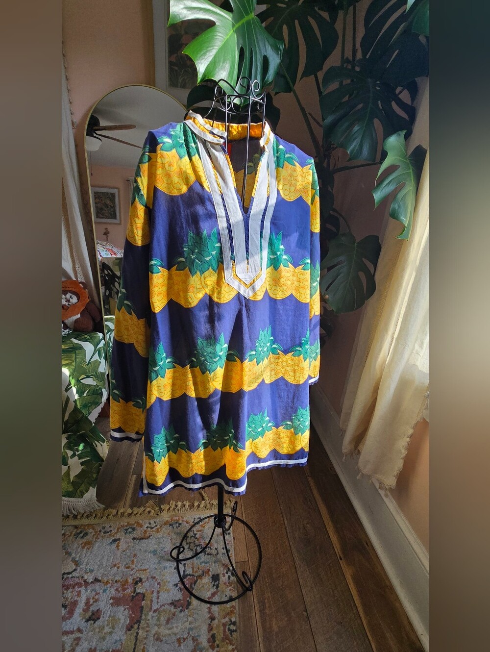 Negoshian Navy Pineapple Stripe Long Sleeve Mandarin Collar Caftan Tunic Top XL